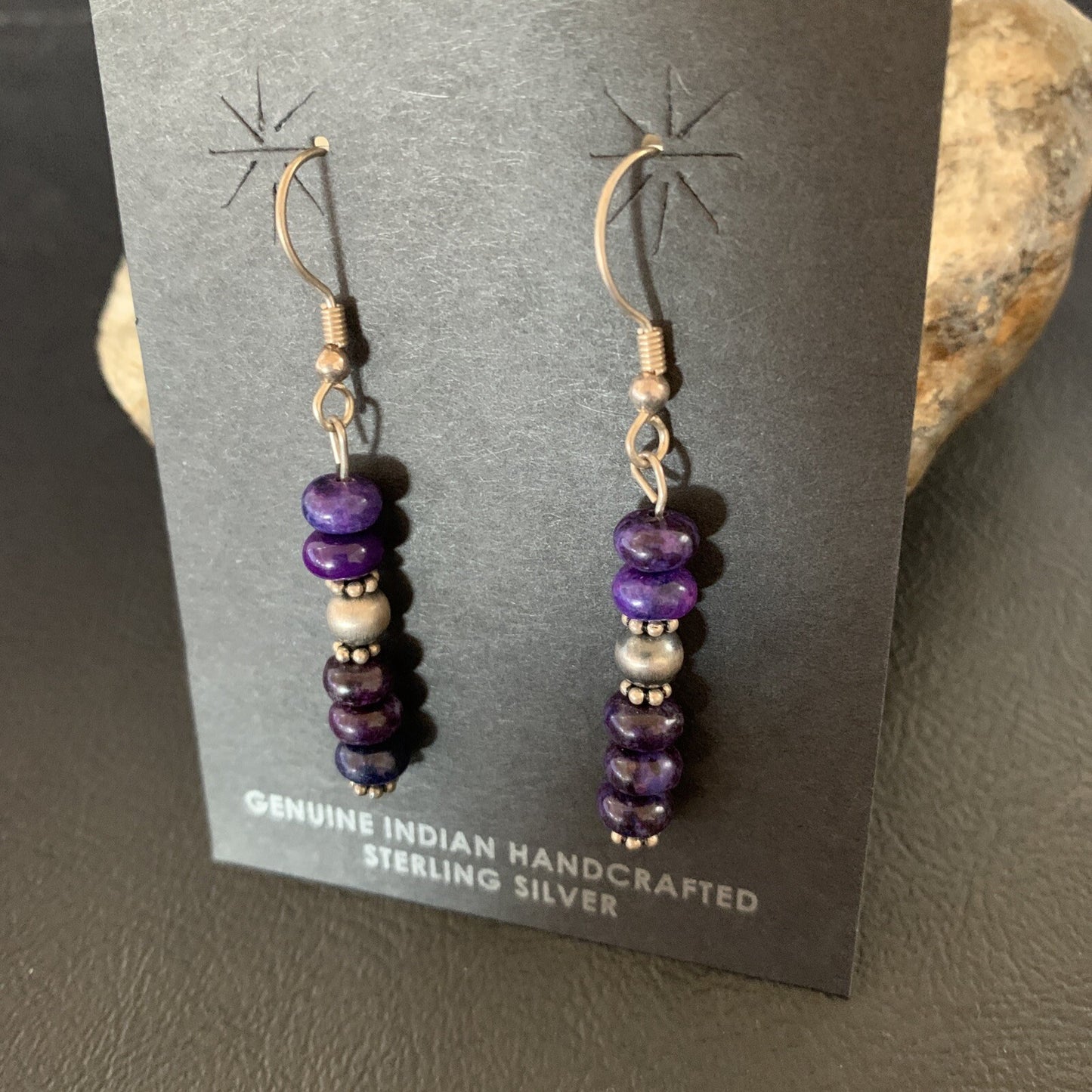 Purple Stone Navajo Sterling Silver Dangle Bead Earrings 1" 15353