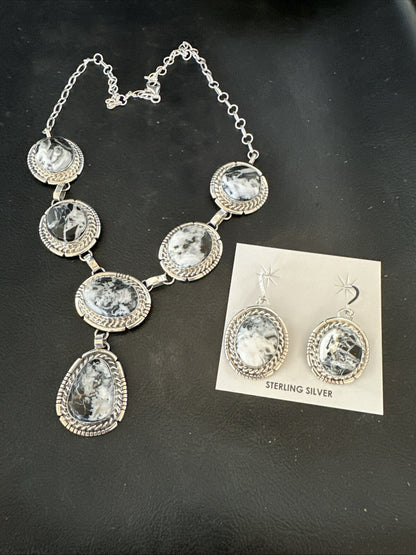 Women White Buffalo Turquoise Necklace Earrings Sterling Silver 19” 18605