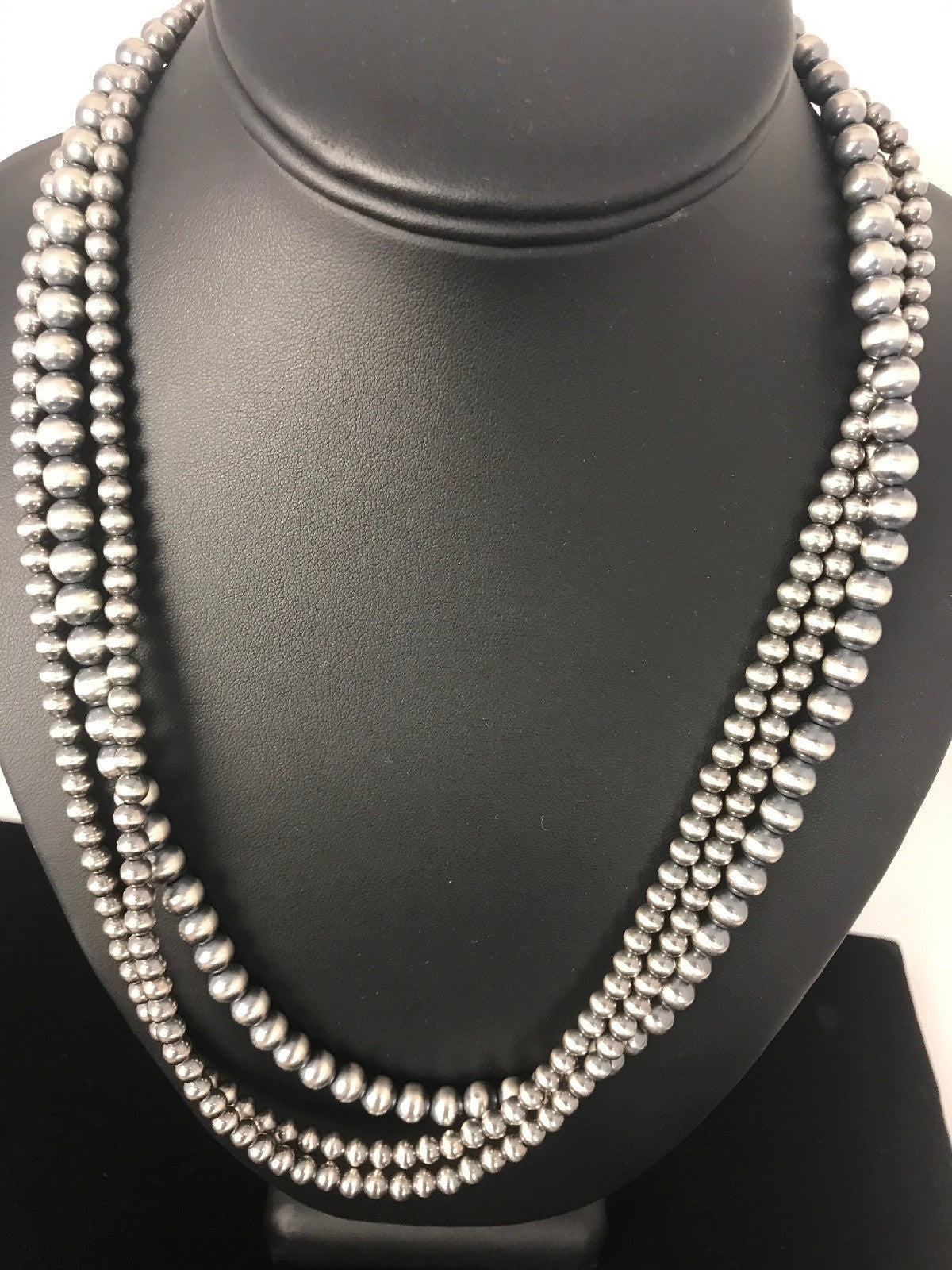 Native American 4, 5, 6 mm Sterling Silver Beads 3 Strand 30” Necklace