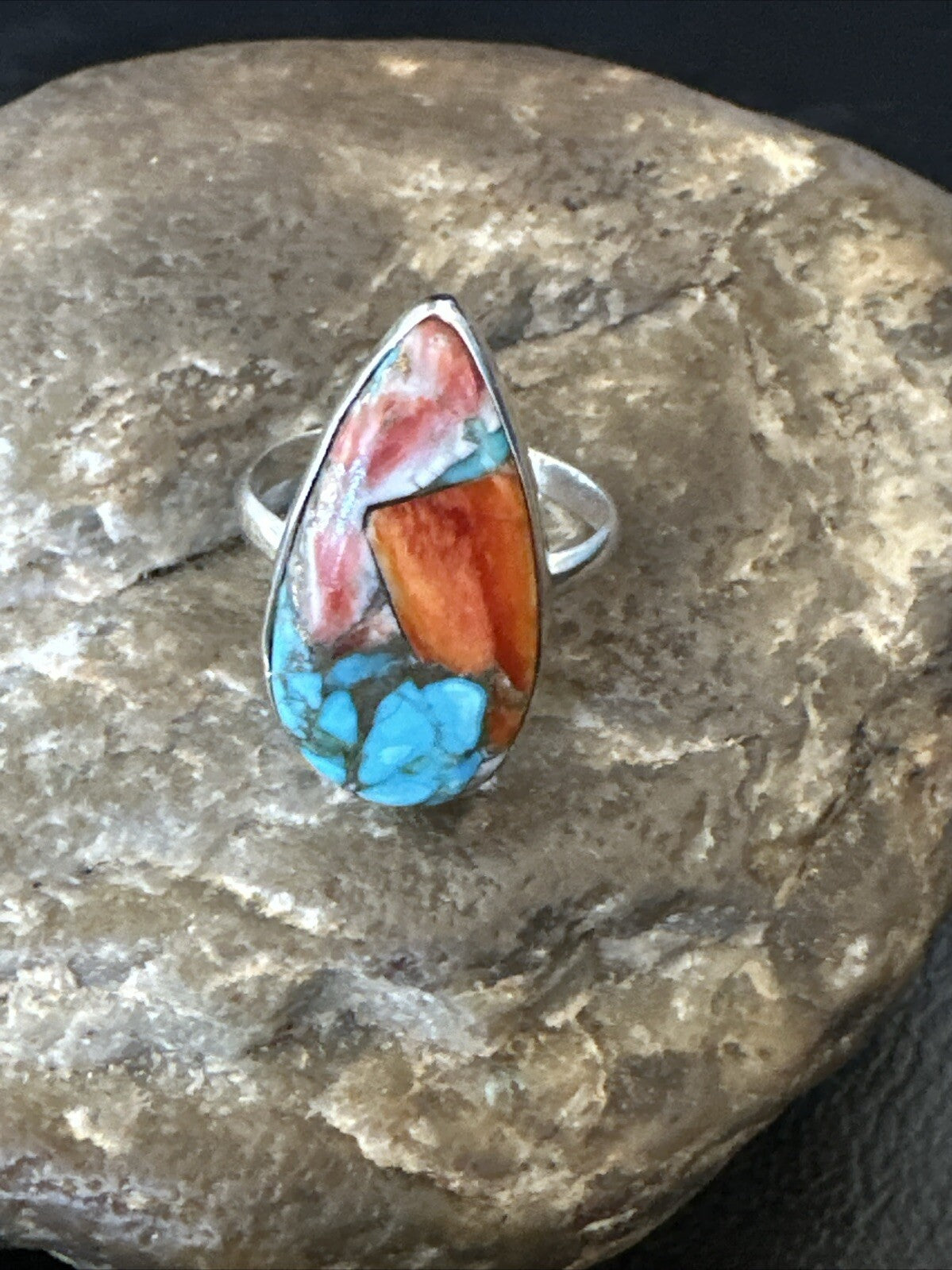 Blue Turquoise Spiny Oyster Southwestern Sterling Silver Ring Size 8 18435