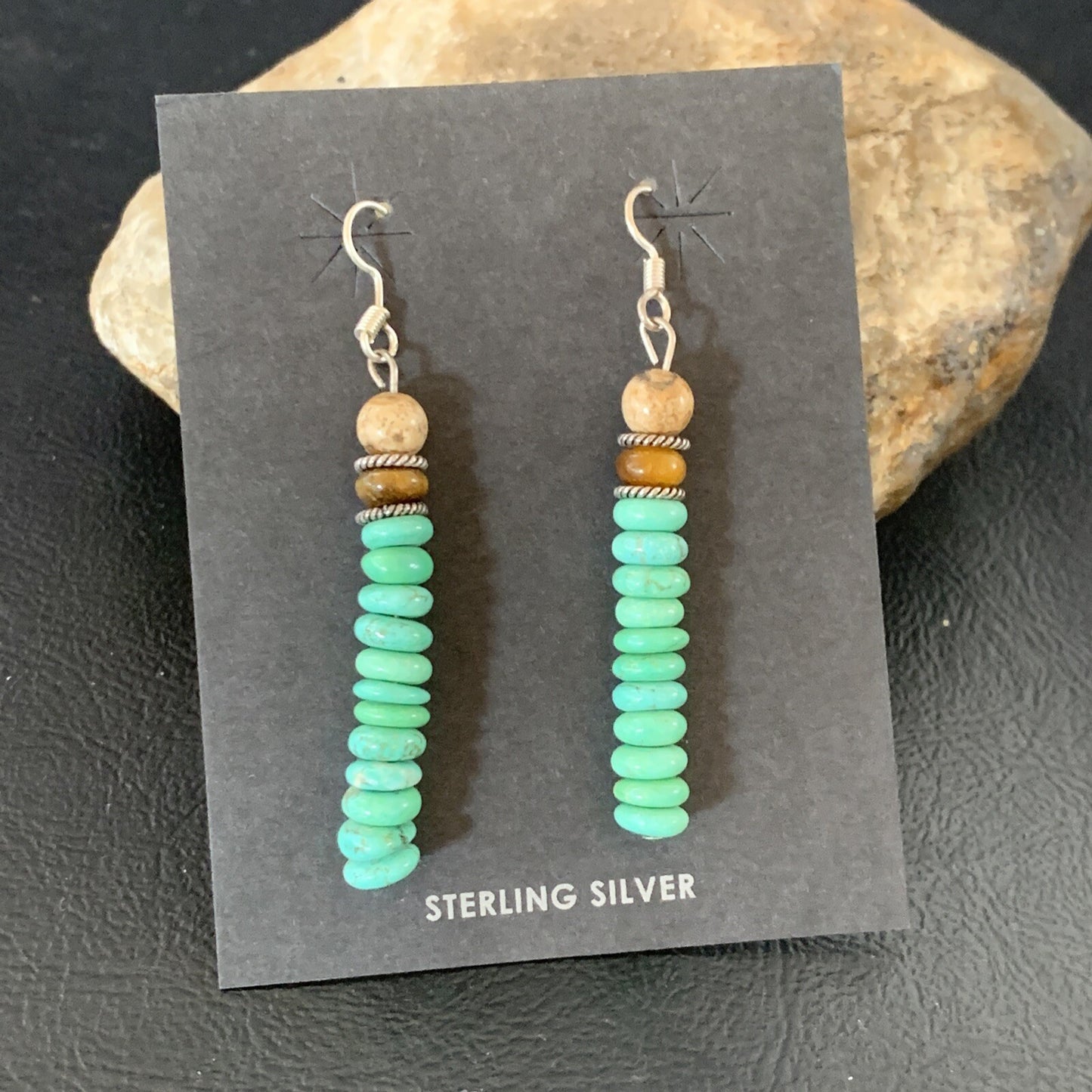 Green Turquoise & Picture Jasper Bead Navajo Sterling Silver Earrings 04080