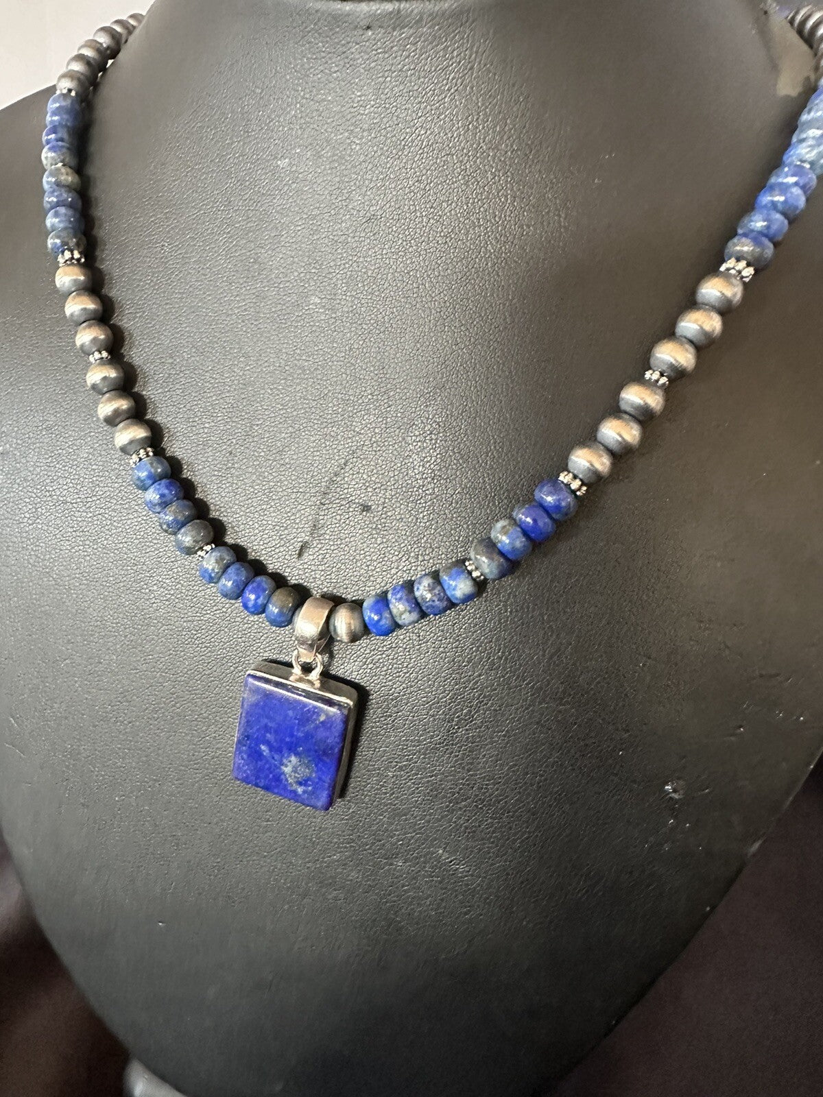 Mens Womens Blue Lapis Navajo Sterling Silver Cluster Pendant Necklace 21” 18341