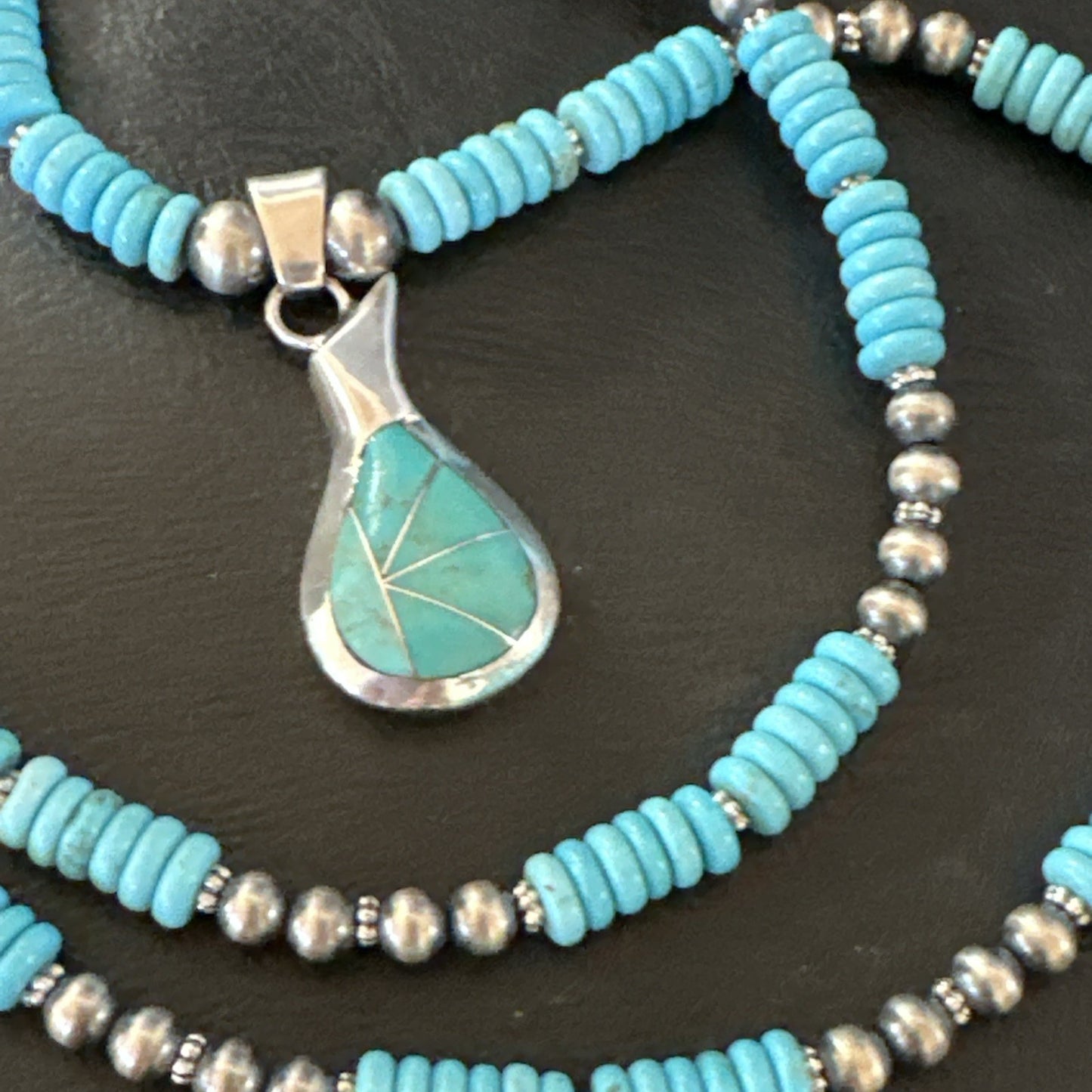 Pottery Blue Turquoise Inlay Pendant Navajo Sterling Silver Necklace 20" 19678