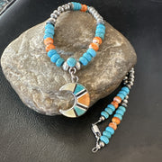 Crescent Multicolor Turquoise Pendant Navajo Necklace | Sterling Silver | Authentic Native American Handmade | 18731