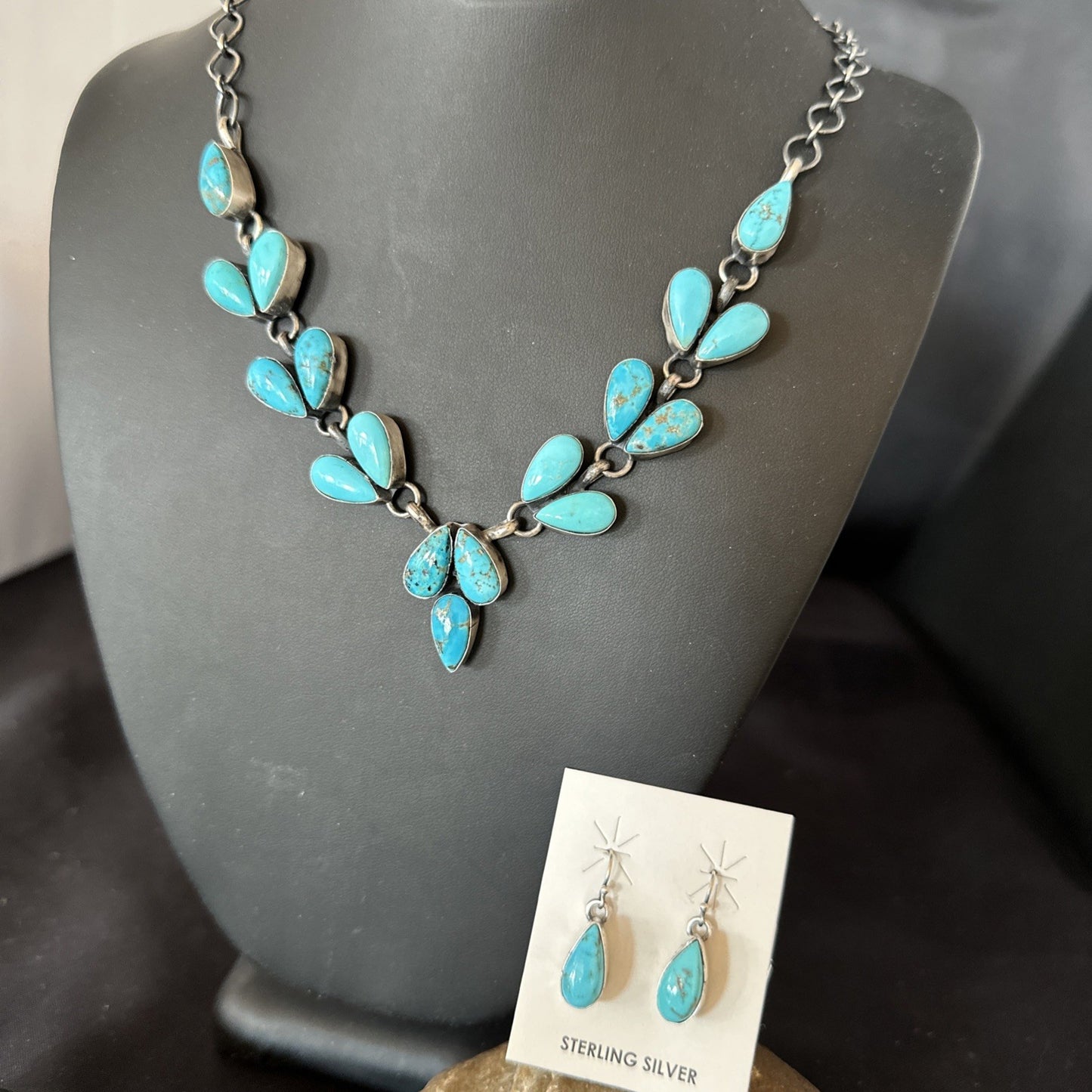 Kingman Turquoise Navajo Sterling Silver Earrings & Lariat Necklace 19" 19278