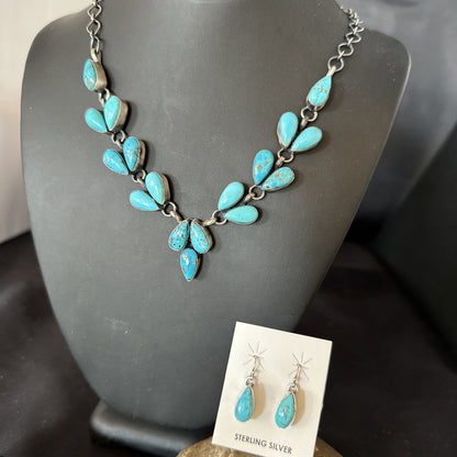 Kingman Turquoise Navajo Sterling Silver Earrings & Lariat Necklace 19" 19278