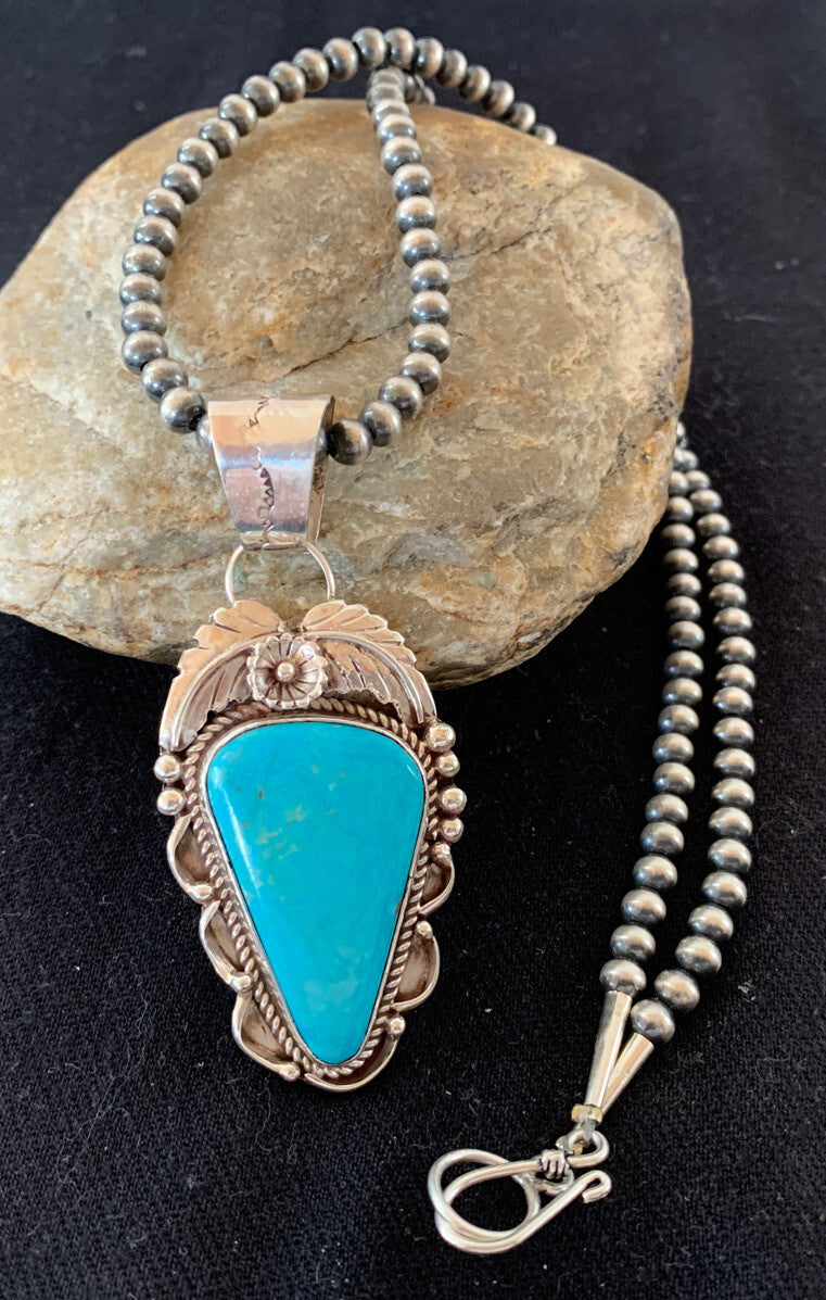 Blue Kingman Turquoise Pendant Navajo Pearls Sterling Silver Necklace 20" 00392