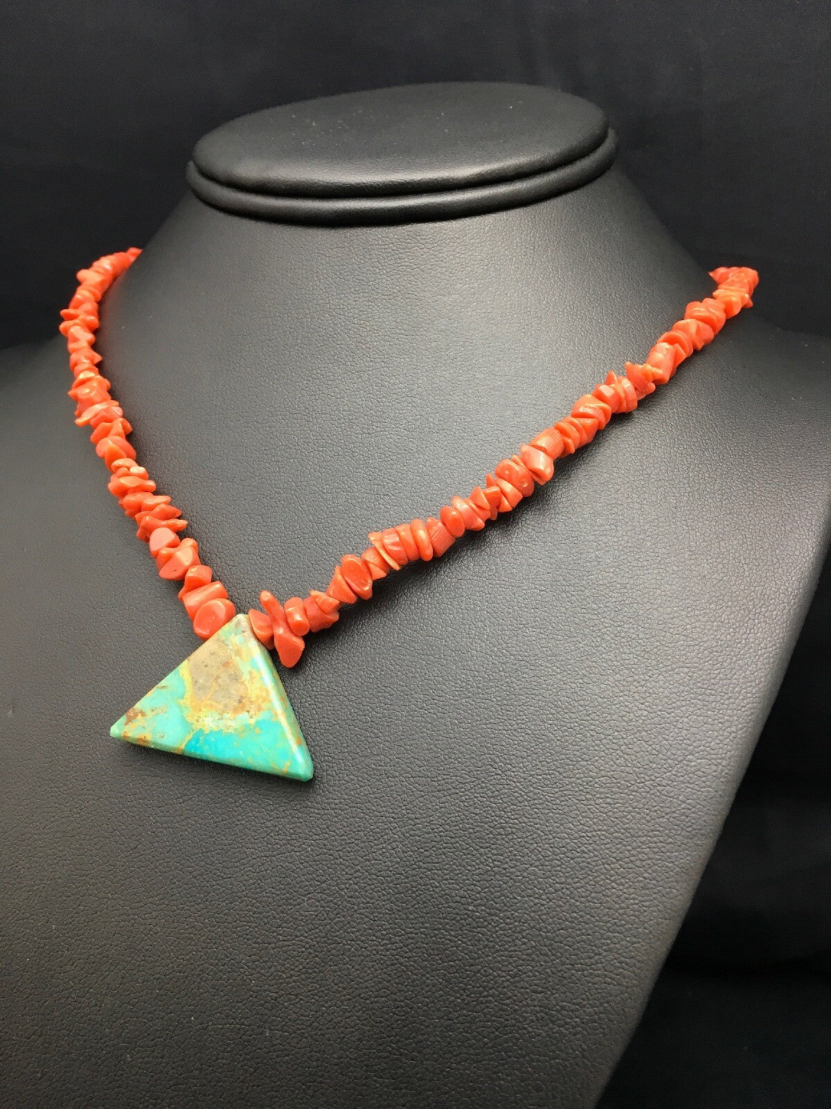 Native Kingman Turquoise Pendant Coral Brass Old Pawn Necklace 19" 04030