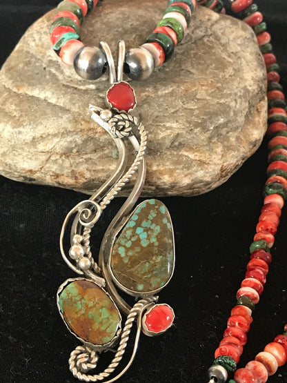 Turquoise #8 & Spiny Oyster Pendant Navajo Sterling Silver Beads Necklace 08646