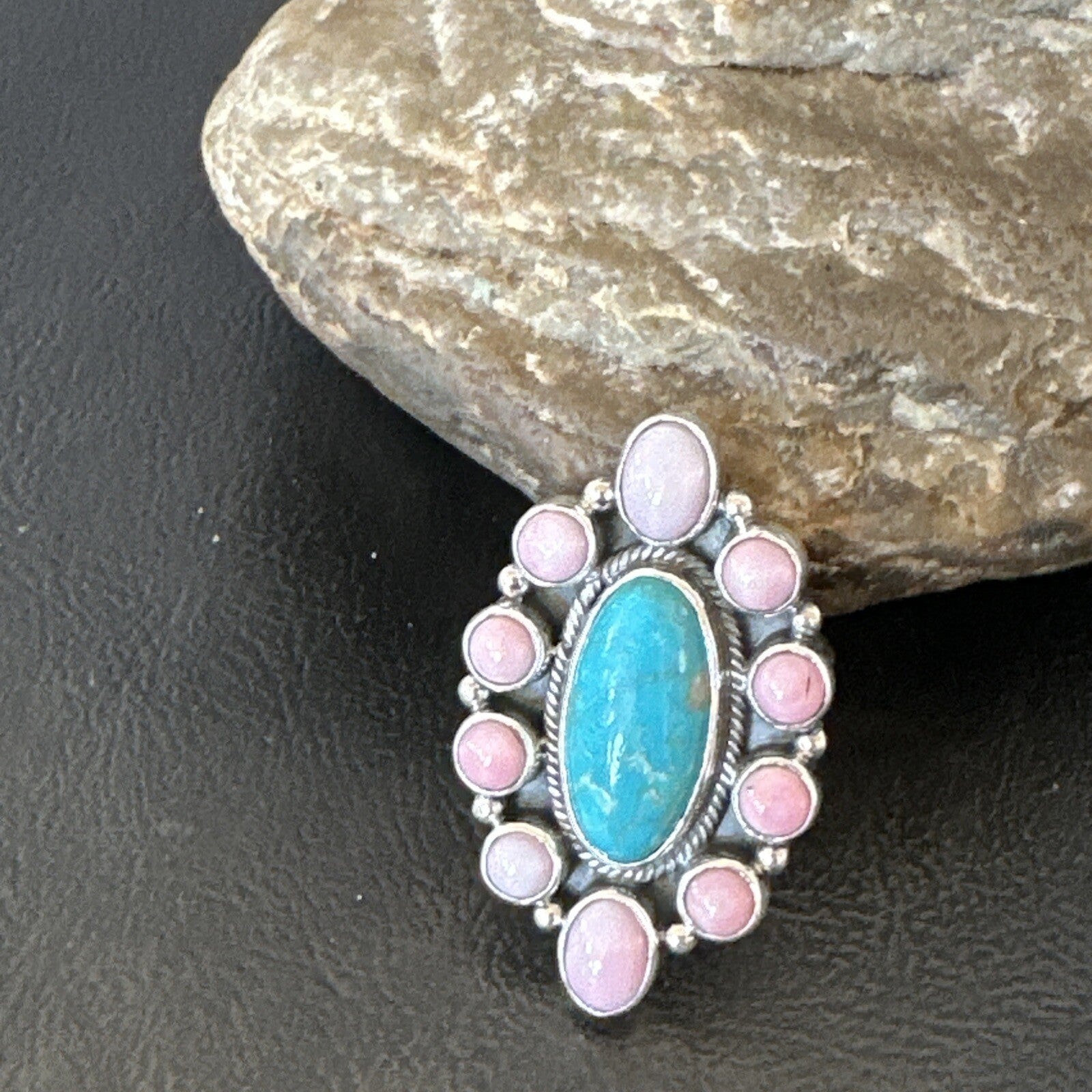 Cluster Ring Handmade Navajo Pink Conch Turquoise Sz 7 18789