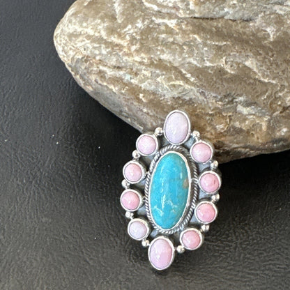 Cluster Ring Handmade Navajo Pink Conch Turquoise Sz 7 18789