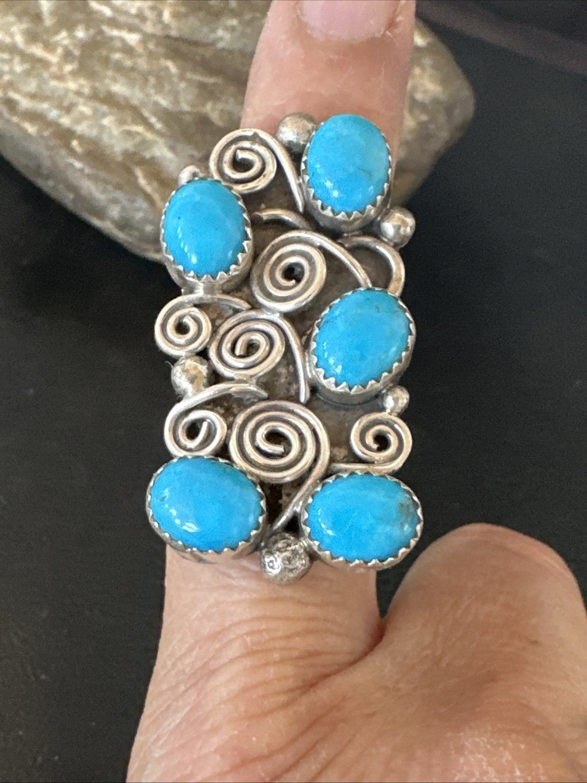 Navajo Blue Kingman Turquoise Ring MultiStone Cluster Sz 8 19801