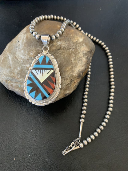 Turquoise Mother Of Pearl Coral Onyx Pendant Zuni Sterling Silver Necklace 12260
