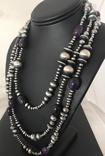 Native Long Navajo Pearls Sterling Silver Purple Stone Bead Necklace 70" 08052