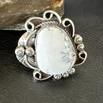 Mens Womens White Buffalo Turquoise Navajo Sterling Silver Ring Size 10 18103