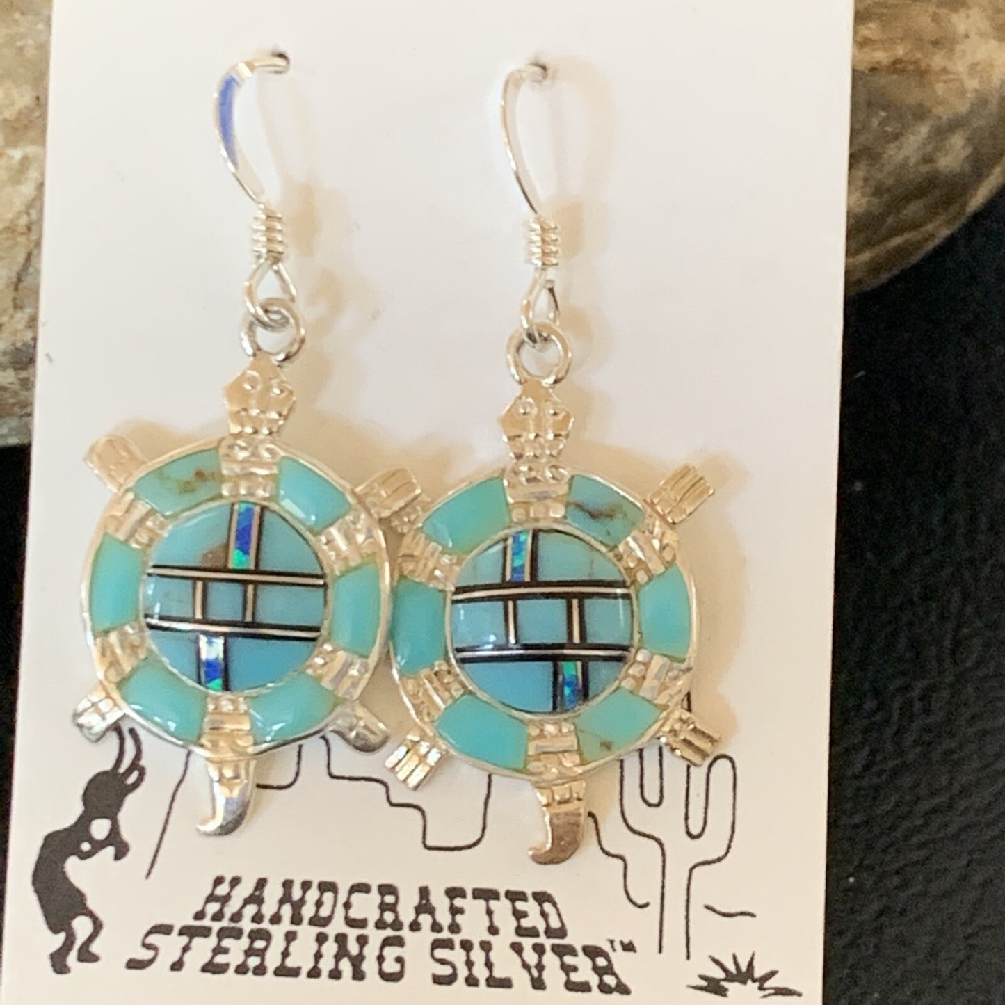 Turquoise & Opal Navajo Sterling Silver Inlay Turtle Earrings 0.5" 12015