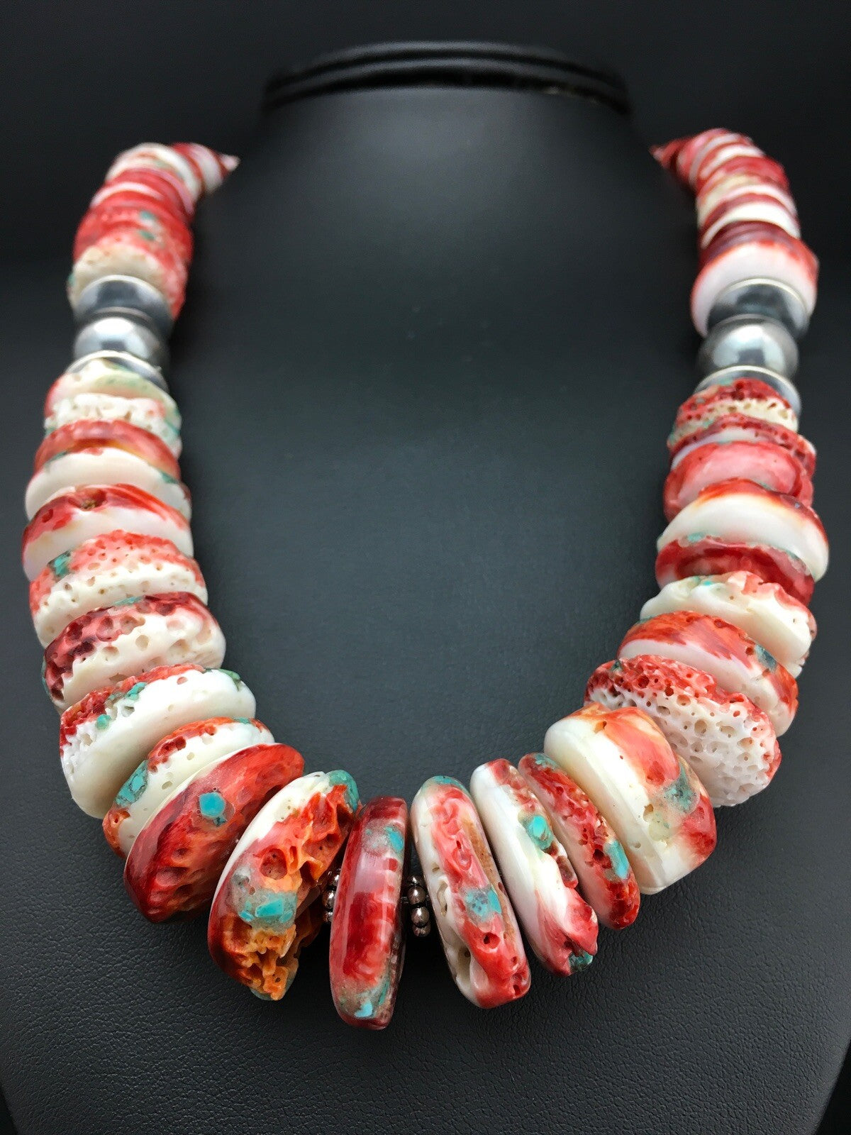 Native Spiny Oyster Graduated Navajo Sterling Silver Necklace 21" 04719