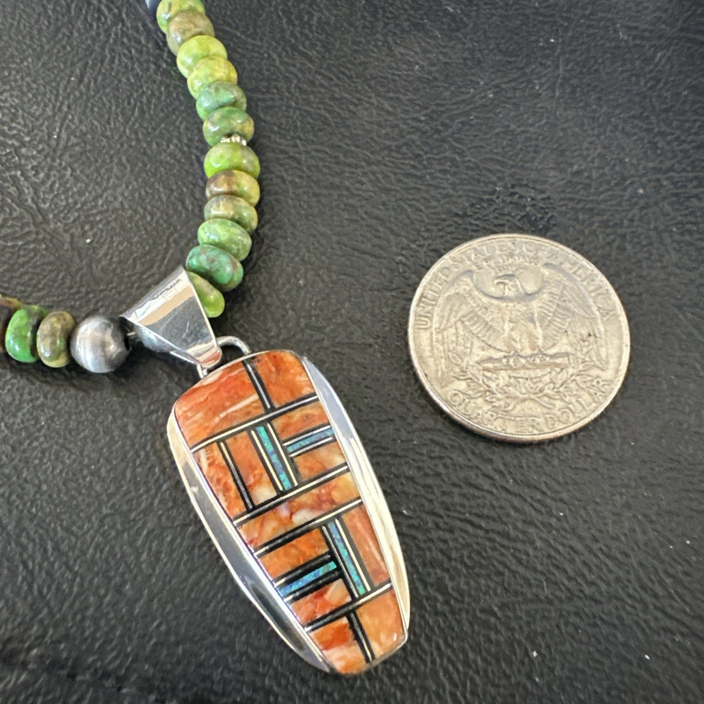 Green Turquoise Orange Spiny Pendant Sterling Silver Necklace 21” 19228