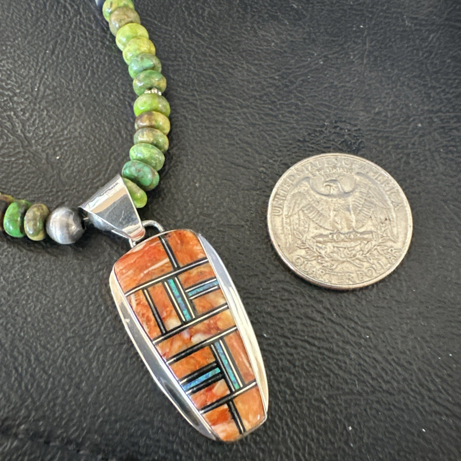 Green Turquoise Orange Spiny Pendant Sterling Silver Necklace 21” 19228