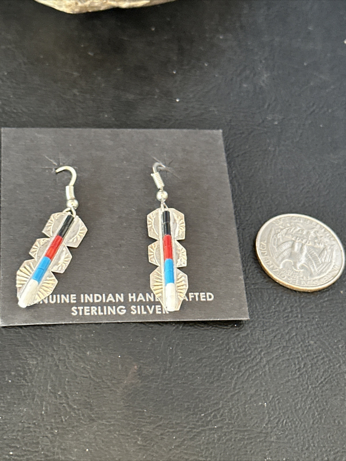 Lapis, Opal, Coral Navajo Sterling Silver Inlay Earrings 1.5” 14770