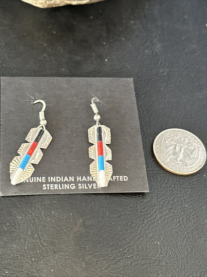 Lapis, Opal, Coral Navajo Sterling Silver Inlay Earrings 1.5” 14770