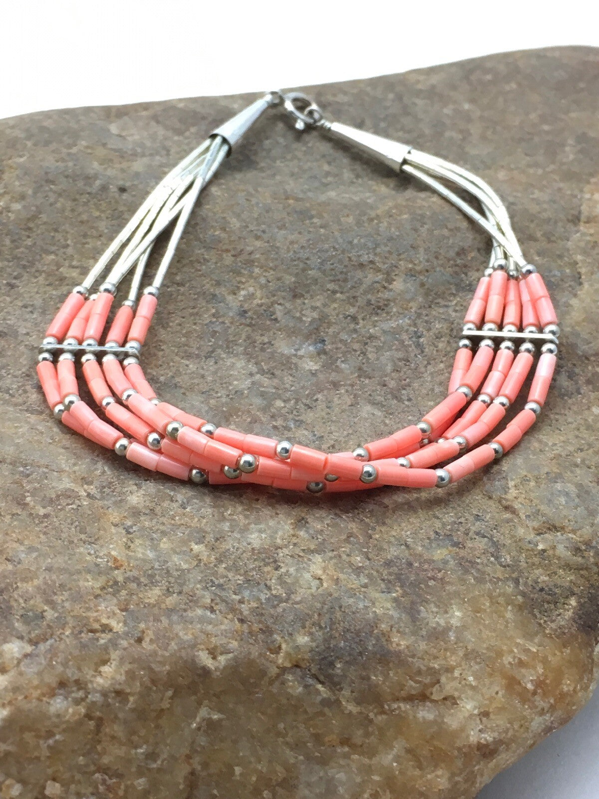 Native Pink Coral 5 Strand Heishi Liquid Sterling Silver Bracelet 7" 4345