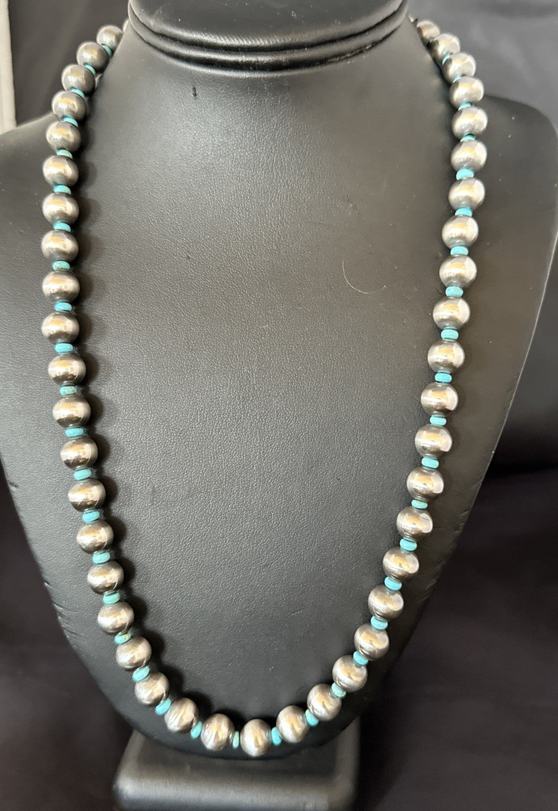 Blue Turquoise 10mm Round Sterling Silver Beads Necklace 24” 92408