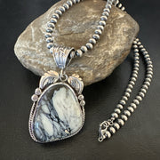 White Buffalo Turquoise Pendant Navajo Pearls Necklace | Sterling Silver | Authentic Native American Handmade | 19341