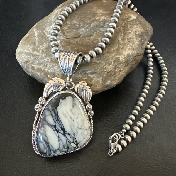 White Buffalo Turquoise Pendant Navajo Pearls Necklace | Sterling Silver | Authentic Native American Handmade | 19341