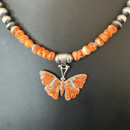 Butterfly Orange Spiny Oyster Opal Inlay Sterling Silver  Necklace Pendant 18676