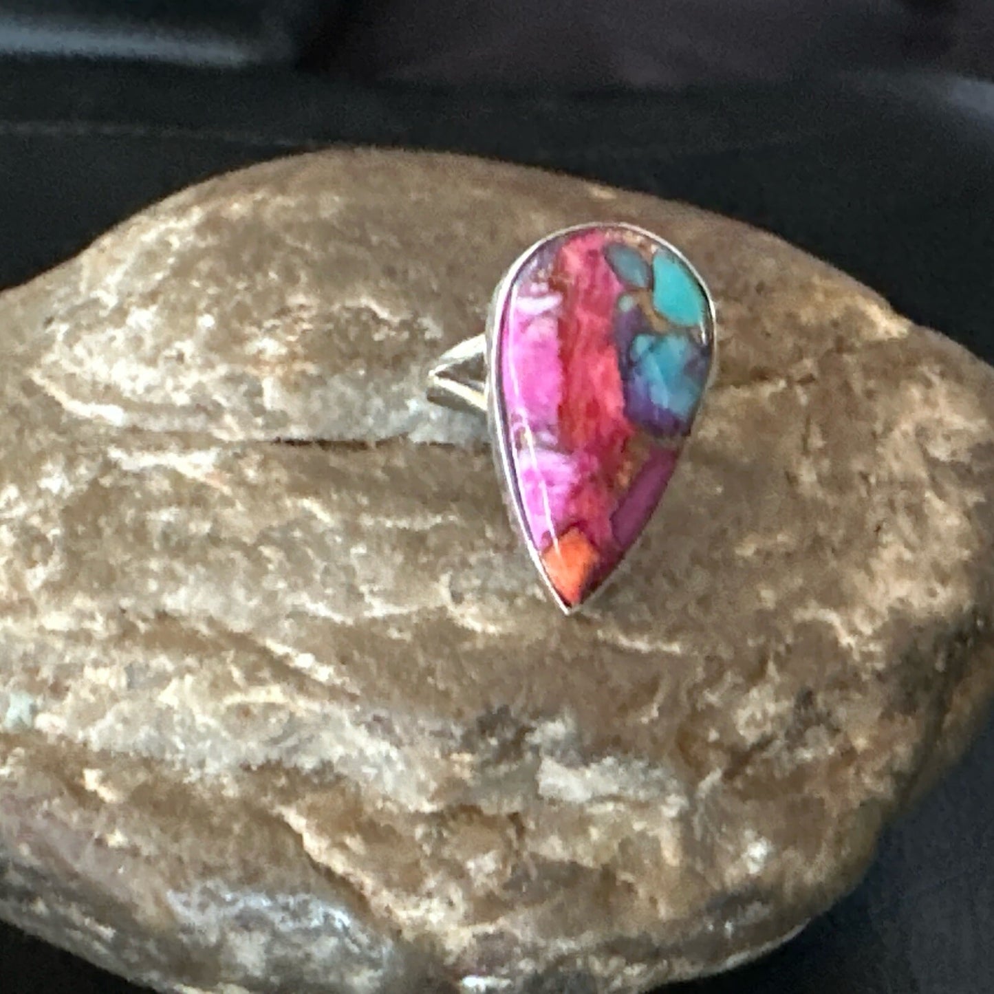 Blue Turquoise Spiny Oyster Southwestern Sterling Silver Ring Size 7 18423
