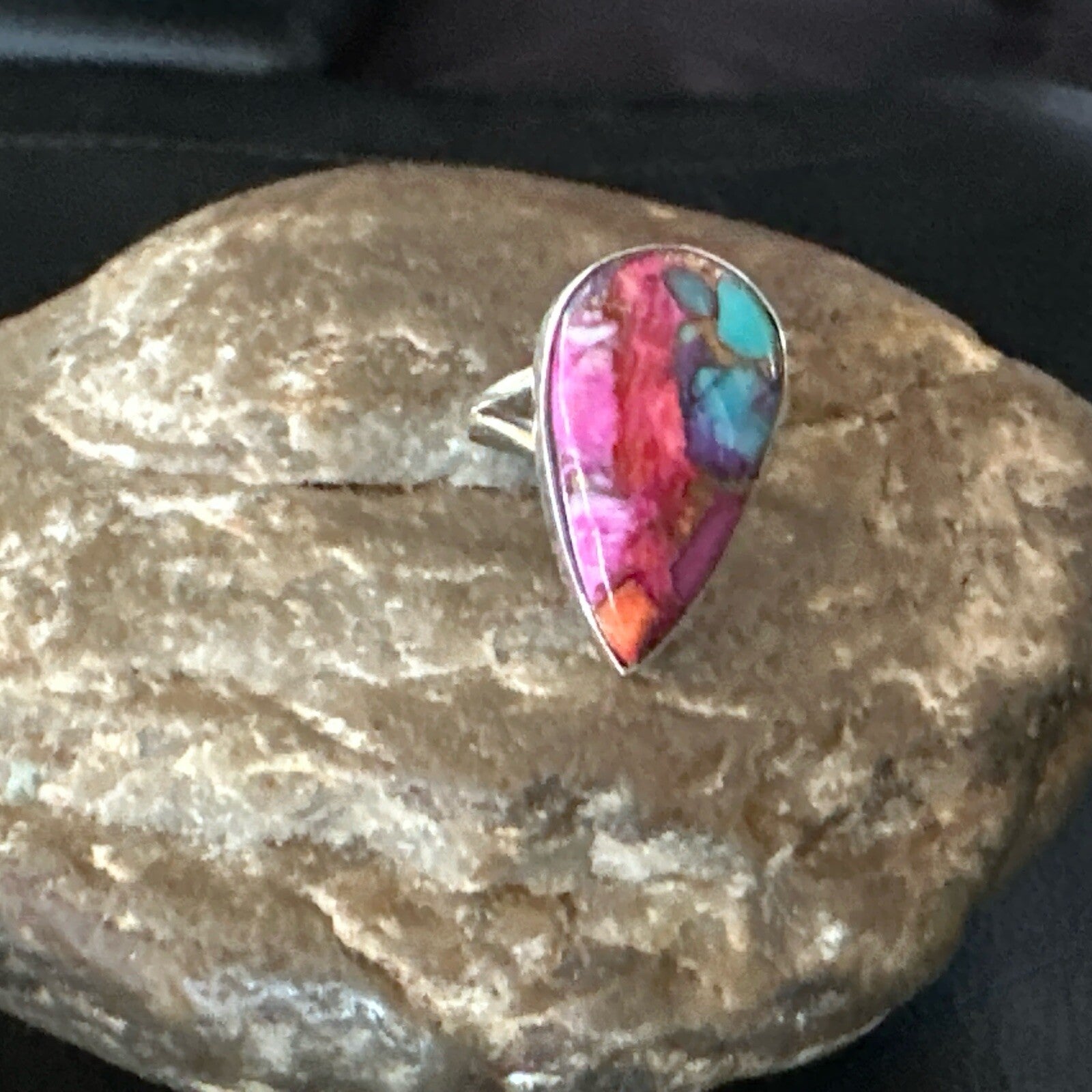 Blue Turquoise Spiny Oyster Southwestern Sterling Silver Ring Size 7 18423