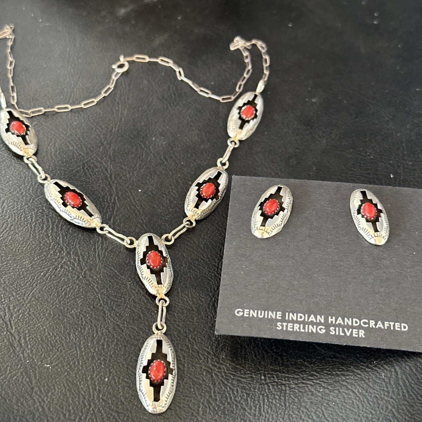 Old Native Navajo Red Coral Sterling Silver Shadowbox Necklace Earrings 18”19102