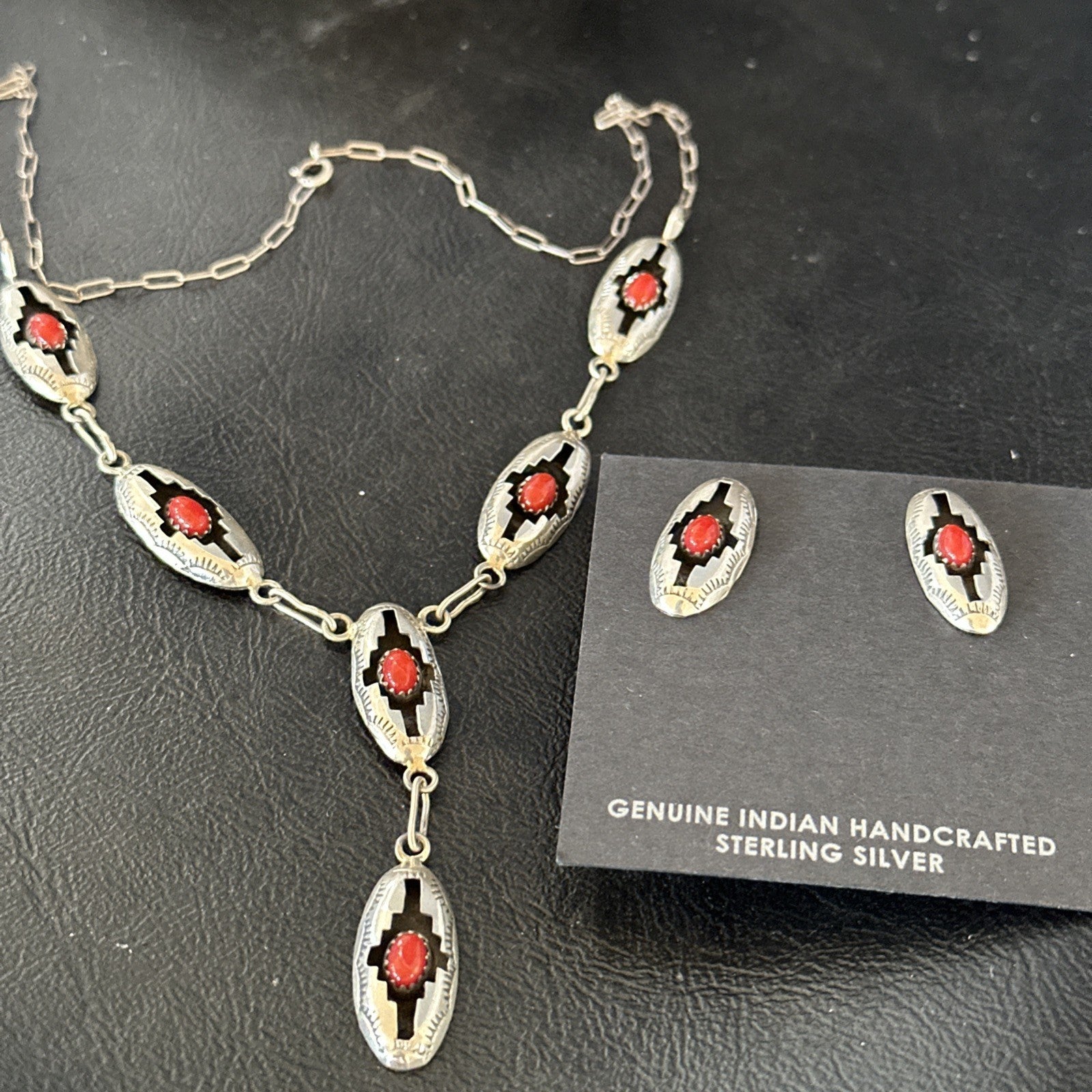 Old Native Navajo Red Coral Sterling Silver Shadowbox Necklace Earrings 18”19102