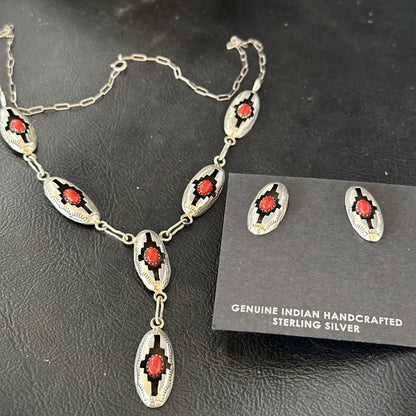 Old Native Navajo Red Coral Sterling Silver Shadowbox Necklace Earrings 18”19102