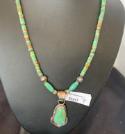 Green Turquoise Pendant Navajo Pearls Necklace | Sterling Silver | Authentic Native American Handmade | 11412