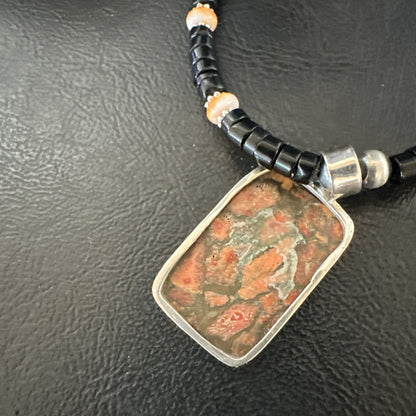 Orange Spiny Black Onyx Navajo Sterling Silver Pendant Necklace 20” 19637