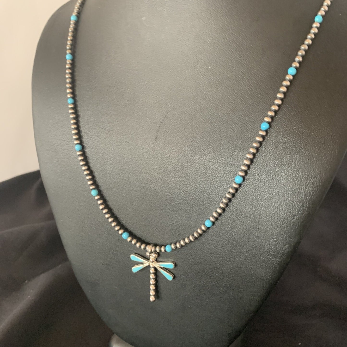 Blue Turquoise Dragonfly Pendant Zuni Sterling Silver Necklace 12058