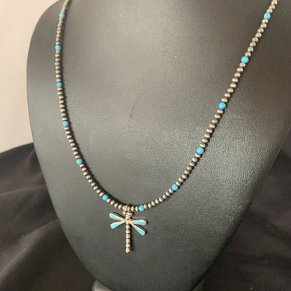 Blue Turquoise Dragonfly Pendant Zuni Sterling Silver Necklace 12058