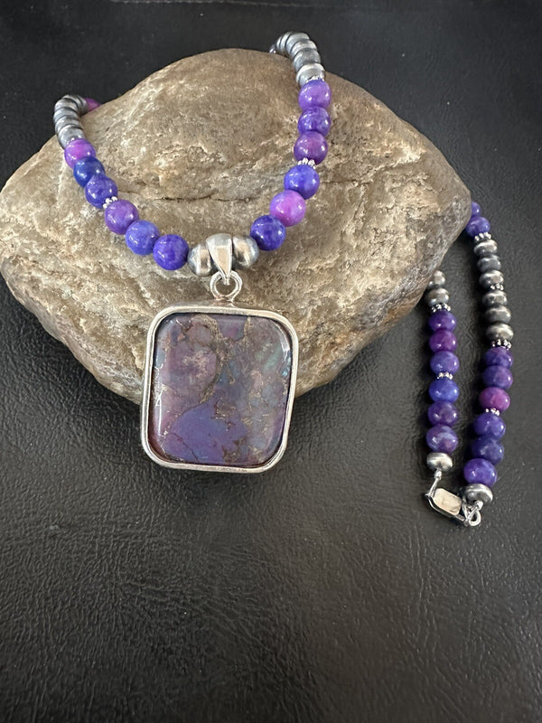 Purple Stone Turquoise Pendant Pearls Necklace | Sterling Silver | Authentic Native American Handmade | 18385