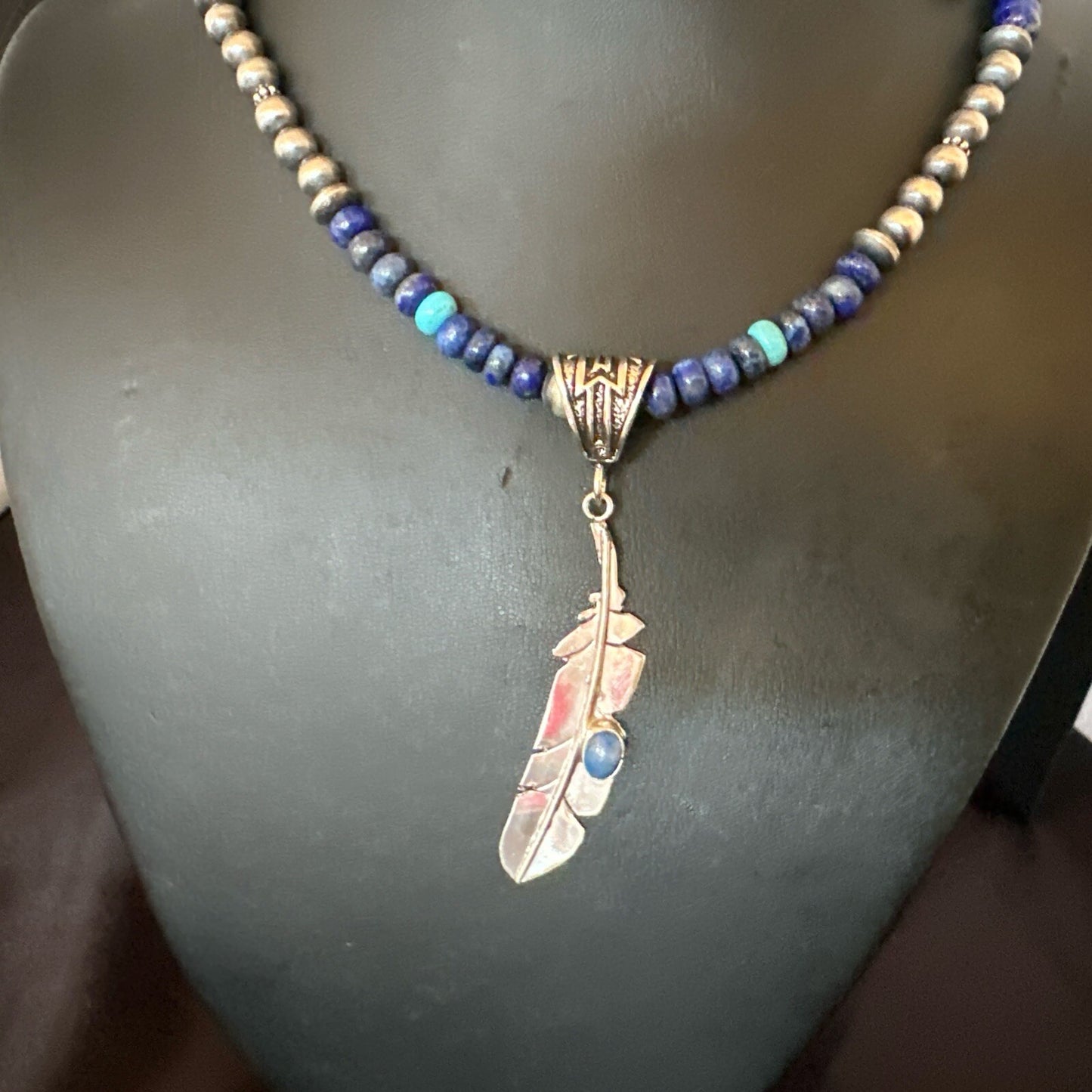 Blue Turquoise Lapis Feather Pendant Navajo Sterling Silver Necklace 21” 17790