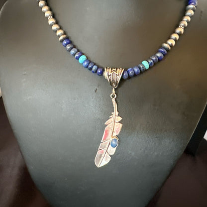 Blue Turquoise Lapis Feather Pendant Navajo Sterling Silver Necklace 21” 17790