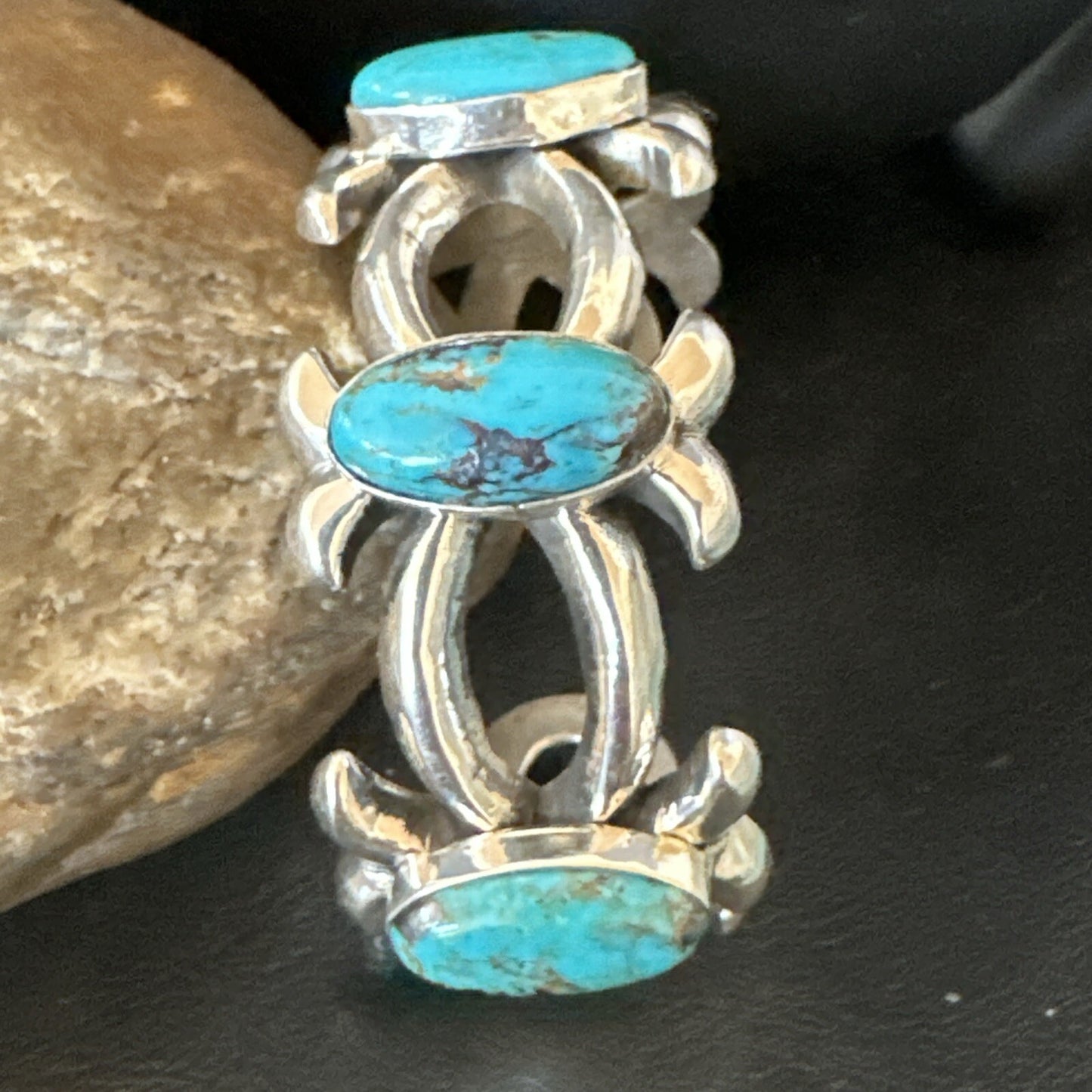 Tufa Cast Blue Turquoise 3 Stone Navajo Sterling Silver Cuff Bracelet 18572