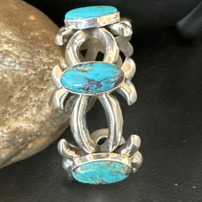 Tufa Cast Blue Turquoise 3 Stone Navajo Sterling Silver Cuff Bracelet 18572