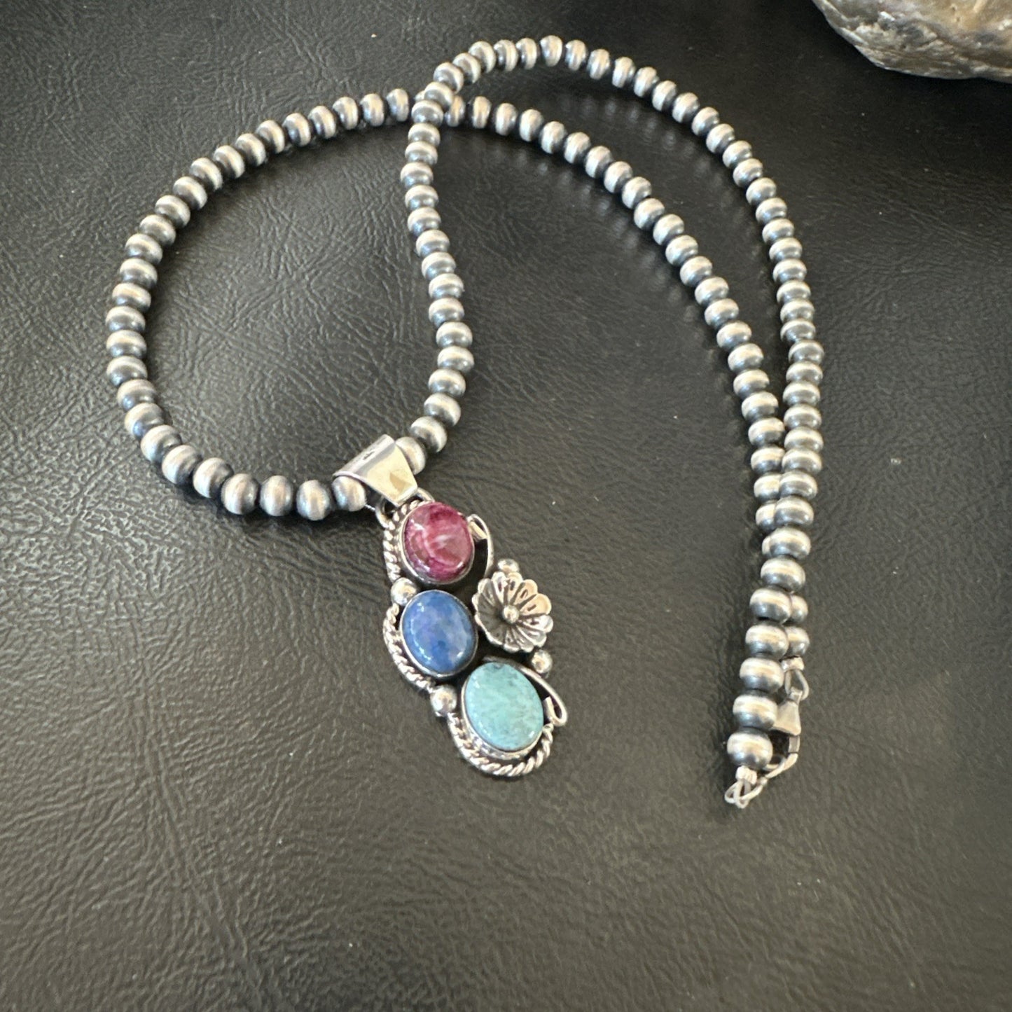 Multicolor Turquoise Spiny Navajo Sterling Silver Cluster Pendant Necklace 19312
