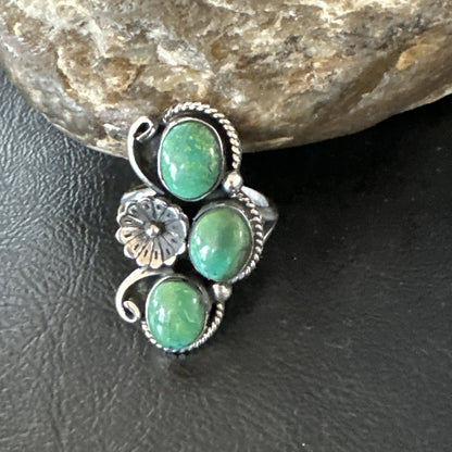 Yazzie Ring Green Turquoise Navajo Sterling Silver Cluster Size 9.5 19242