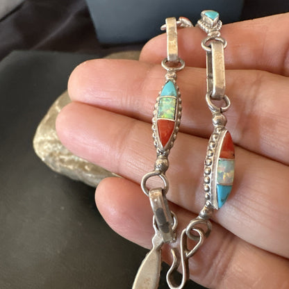 Women Oldpawn Turquoise Opal Coral Navajo Sterling Silver Link Bracelet 8” 19798