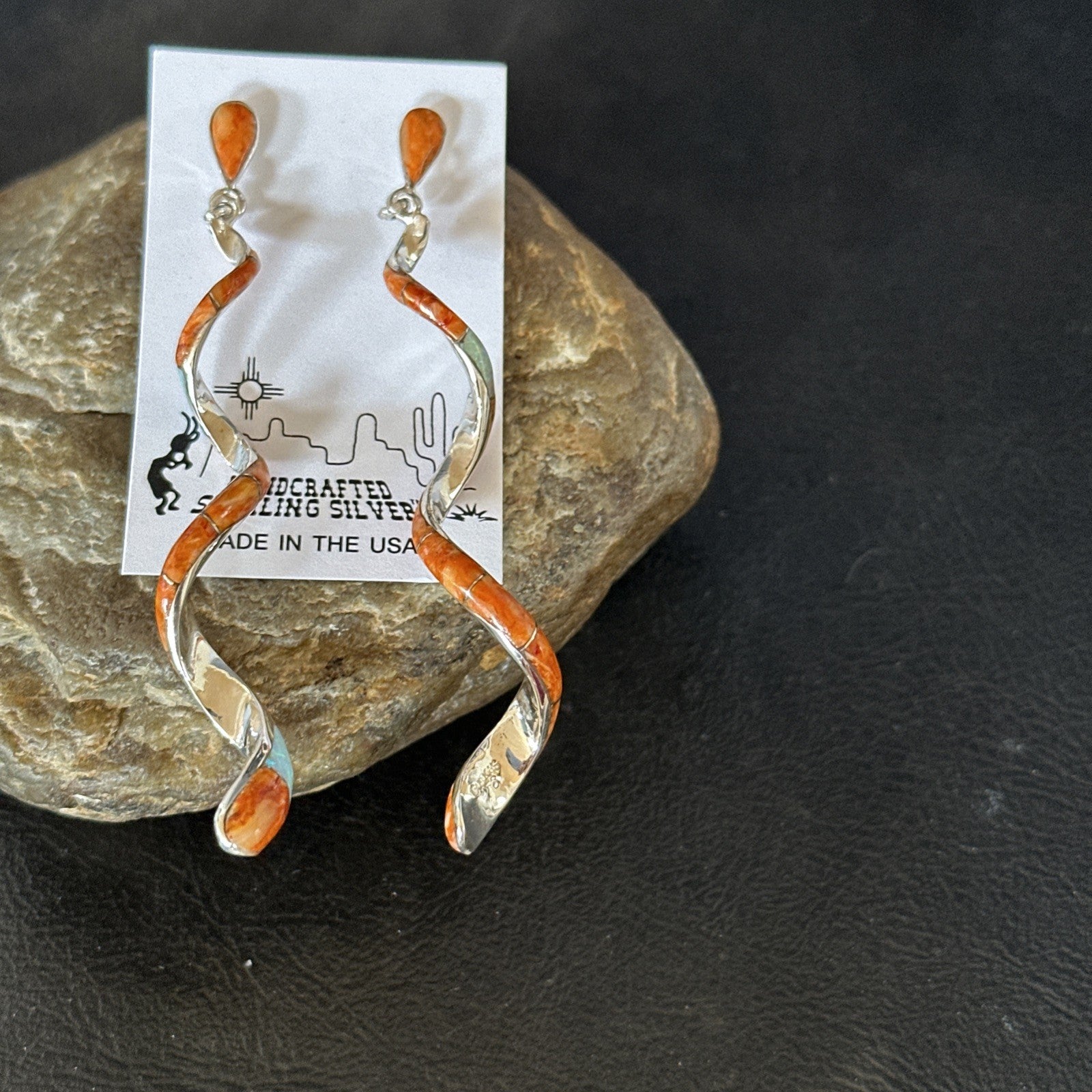 Orange Spiny Oyster Opal Sterling Silver Swirl Dangle Earrings 3" 19134