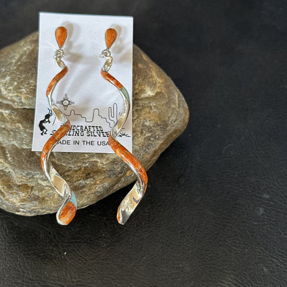Orange Spiny Oyster Opal Sterling Silver Swirl Dangle Earrings 3" 19134