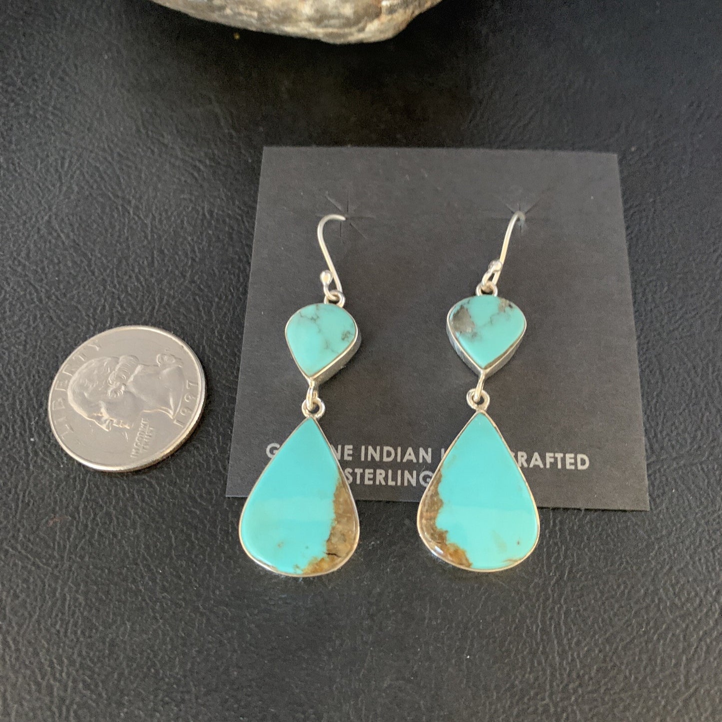Kingman Turquoise Handmade Navajo Sterling Silver Dangle Earrings 13899